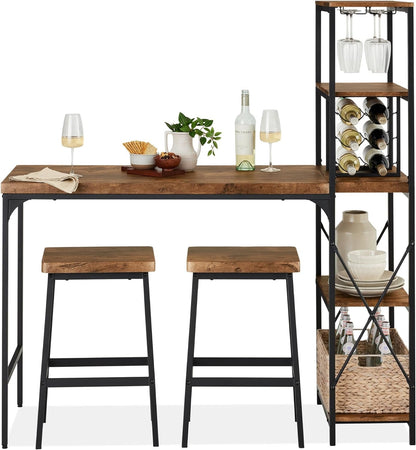 3-Piece Counter Height Dining Set, Desk, Bar, Kitchen Island Table W/ 2 Stools, Wine Rack &amp; Storage Shelves - Black