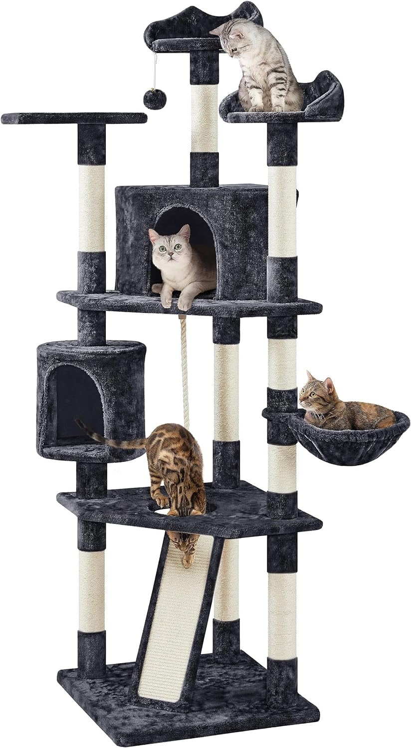 79In Multi-Level Cat Trees Indoor Cat Tower with Sisal-Covered Scratching Posts, Plush Perches and Condo for Kittens, Cats and Pets - Dark Gray and White