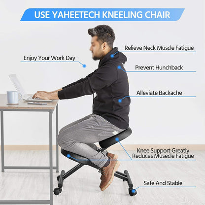 Kneeling Chair Ergonomic Posture Chair for Office Home Standing Work Desk Stool Adjustable Office Chair with Thick Cushion Pad &amp; Flexible Seating Rolling Casters