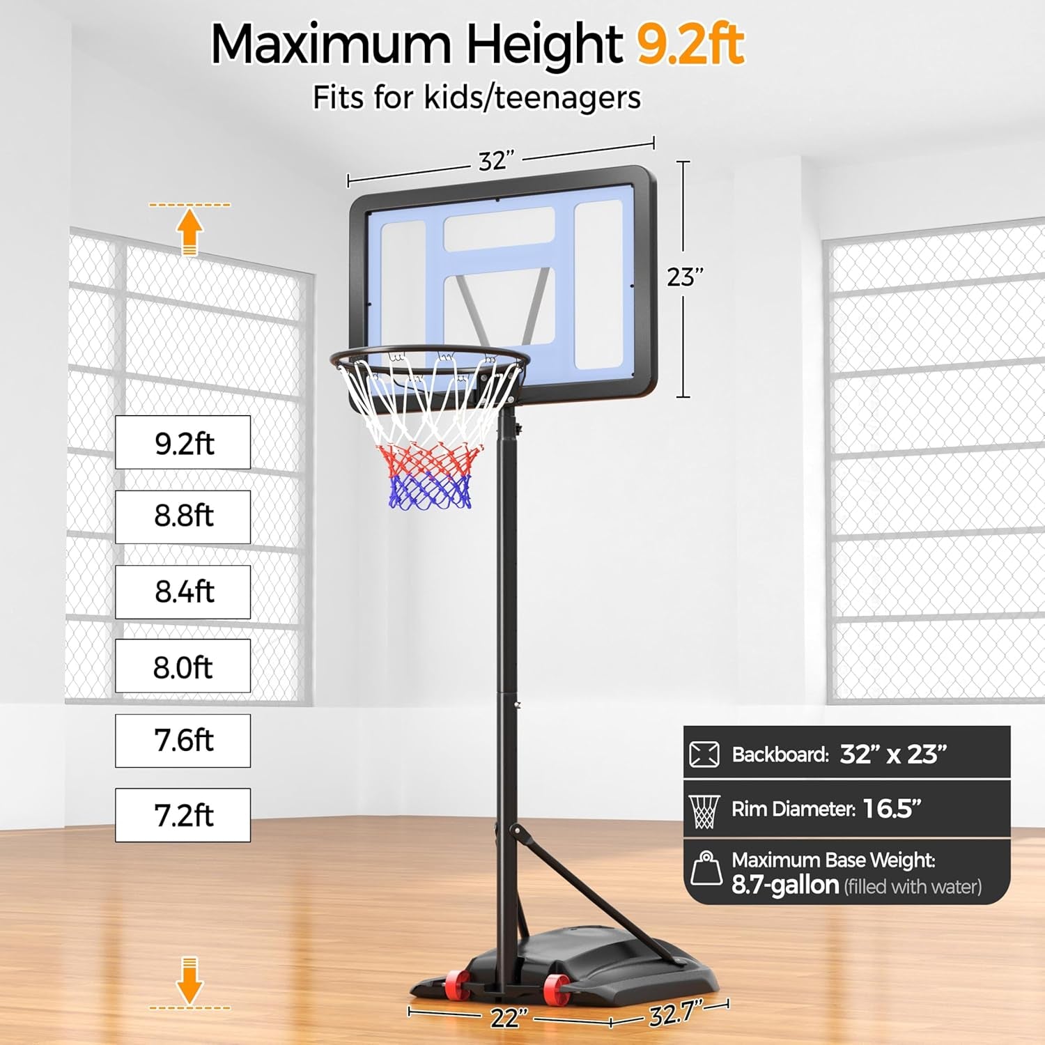 Portable Basketball Hoop Outdoor Indoor Basketball Hoop Basketball Court Basketball Goals Outdoor Basketball Hoops for Pool, with 32&