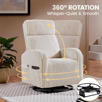 360° Swivel Glider Chair for Nursery, Rocking Chair Nursing Chair with Side Pockets, Corduroy Glider for Living Room with High Back Beige