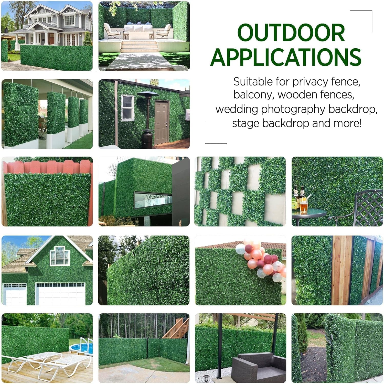 6Pcs 20 X 20 Inch Artificial Boxwood Panels W/Little White Flowers Topiary Hedge Plant Grass Wall UV Protected Privacy Hedge Screen for Garden, Fence, Backyard, Home, Wedding