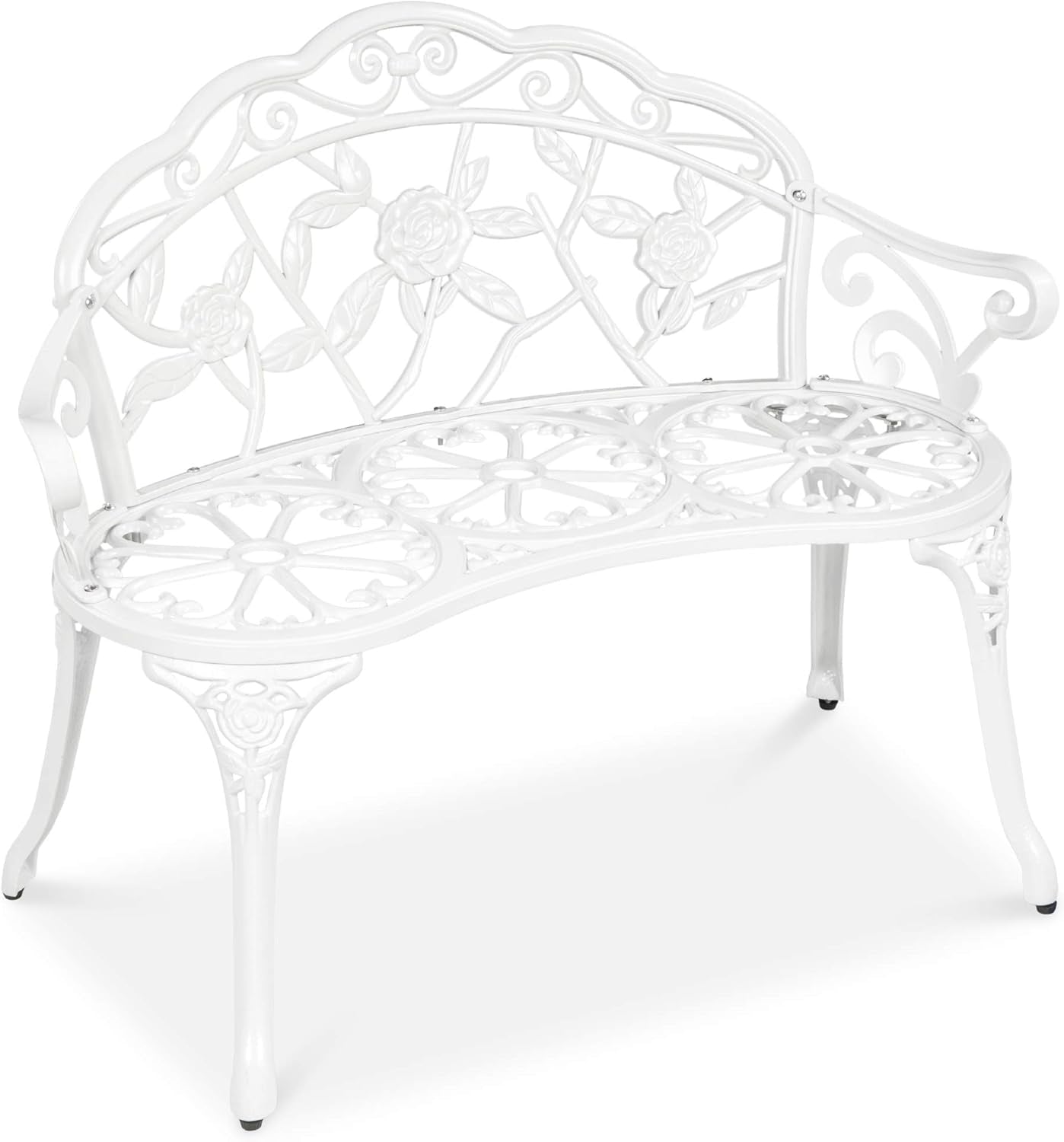 Outdoor Bench Steel Garden Patio Porch Loveseat Furniture for Lawn, Park, Deck Seating W/Floral Rose Accent, Antique Finish - White