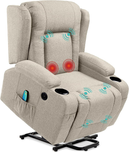 Modern Linen Electric Power Lift Chair, Recliner Massage Chair, Adjustable Furniture for Back, Legs W/ 3 Positions, USB Port, Heat, Cupholders, Easy-To-Reach Button - Gray