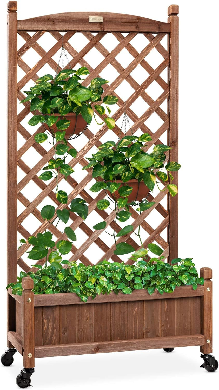 60In Wood Planter Box &amp; Diamond Lattice Trellis, Mobile Outdoor Raised Garden Bed for Climbing Plants W/Drainage Holes, Optional Wheels - Walnut