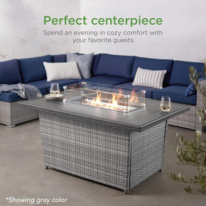 52In 50,000 BTU Outdoor Wicker Patio Propane Gas Fire Pit Table W/Aluminum Tabletop, Glass Wind Guard, Clear Glass Rocks, Cover, Slide Out Tank Holder, and Lid - Gray