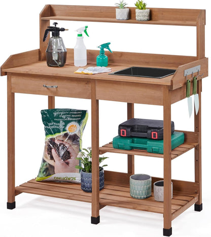 Potting Bench Outdoor Garden Work Bench Station Planting Solid Wood Construction for Horticulture W/Sink Drawer Rack Shelves Natural Wood