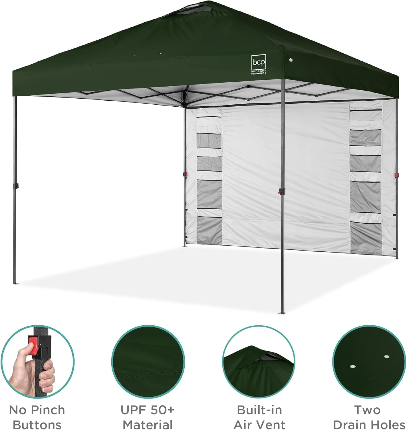 10X10Ft Easy Pop up Canopy W/Side Wall, 10 Pockets, Portable Carrying Case, 1-Button Setup, 4 Weight Bags - Dark Green