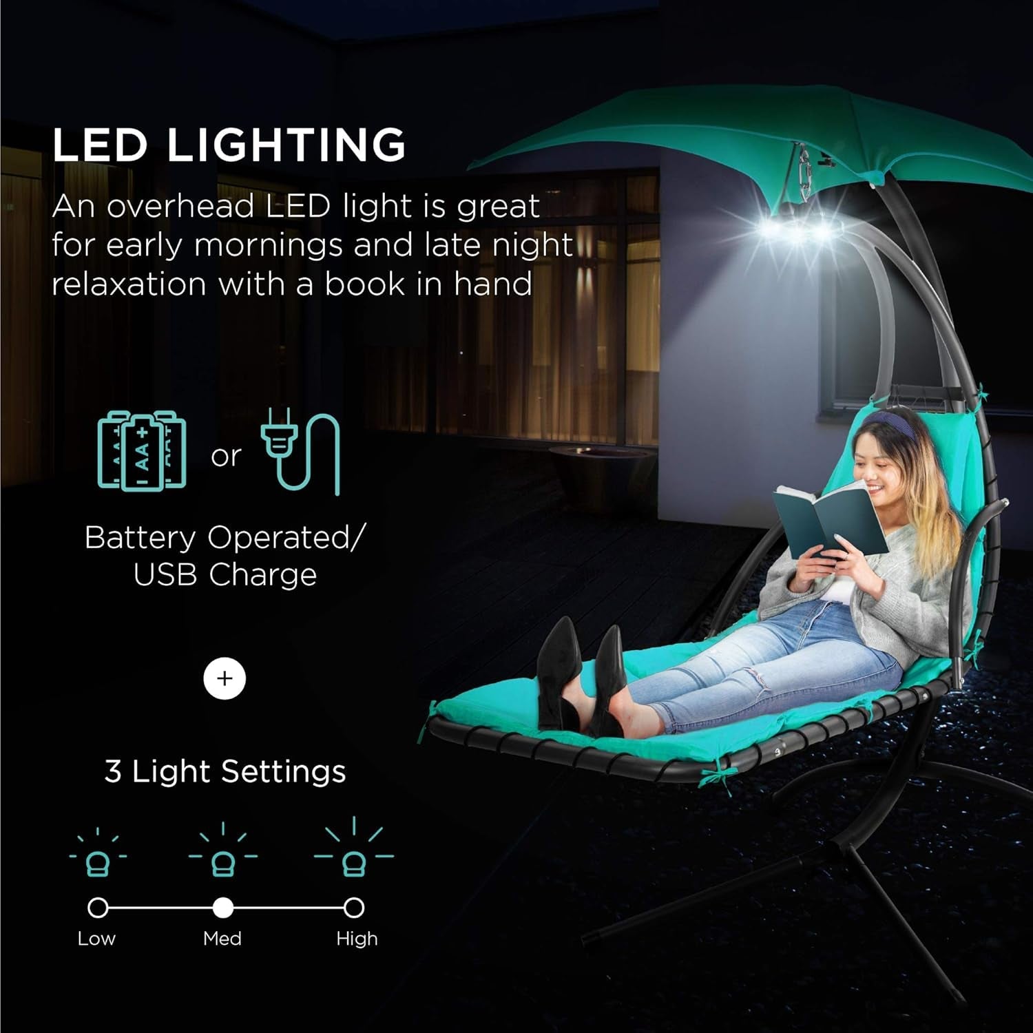 Hanging Led-Lit Curved Chaise Lounge Chair Swing for Backyard, Patio, Lawn W/ 3 Light Settings, Weather-Resistant Pillow, Removable Canopy Shade, Steel Stand - Teal