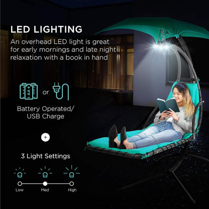 Hanging Led-Lit Curved Chaise Lounge Chair Swing for Backyard, Patio, Lawn W/ 3 Light Settings, Weather-Resistant Pillow, Removable Canopy Shade, Steel Stand - Teal