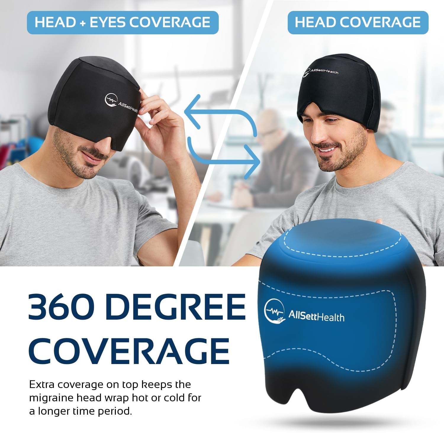 Migraine Relief Cap Ice Head Wrap Headache and Migraine Hat | Headache Relief with Hot/Cold Gel Head Ice Pack with Face and Eye Headache Mask Compress Black - FSA HSA Eligible Items