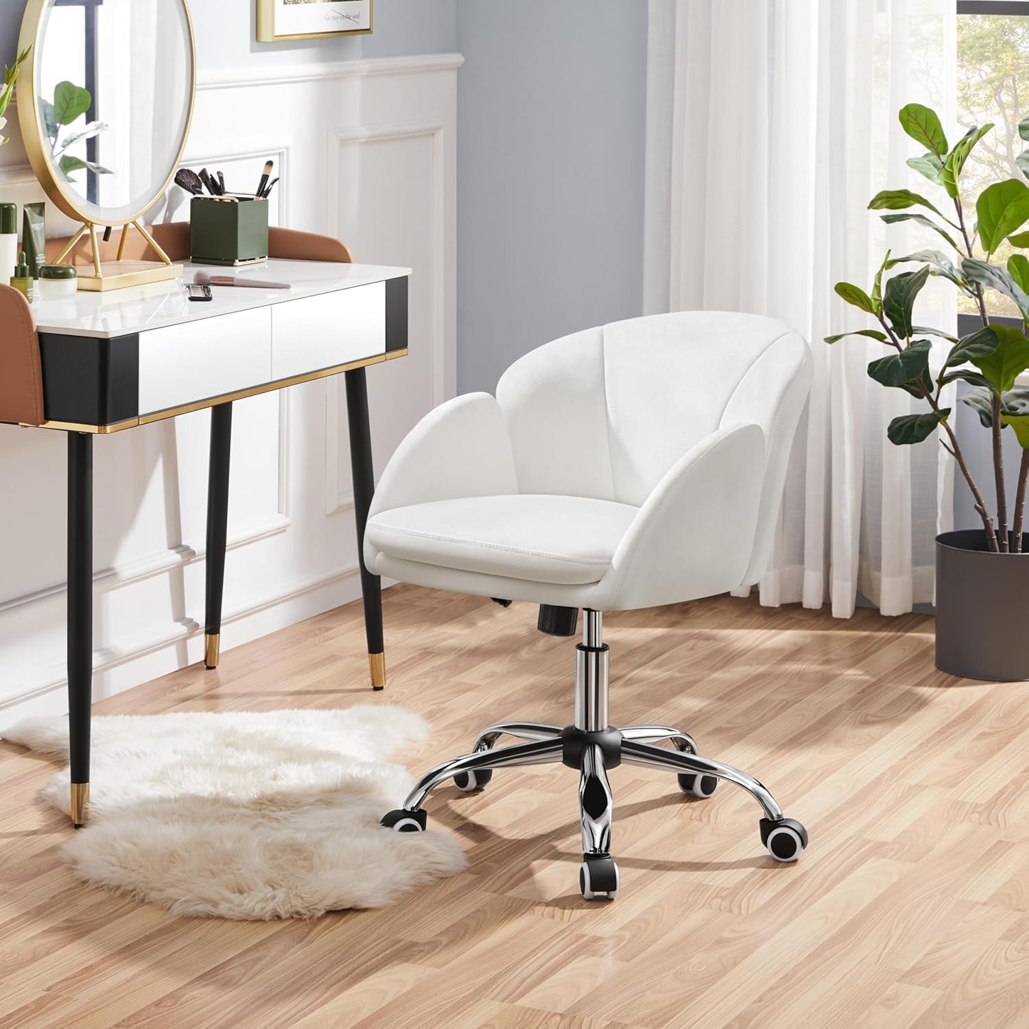 White Desk Chair Petal Cute Office Chair Faux Leather Swivel Desk Chair Vanity Chair with Back Modern Computer Rolling Chair for Bedroom