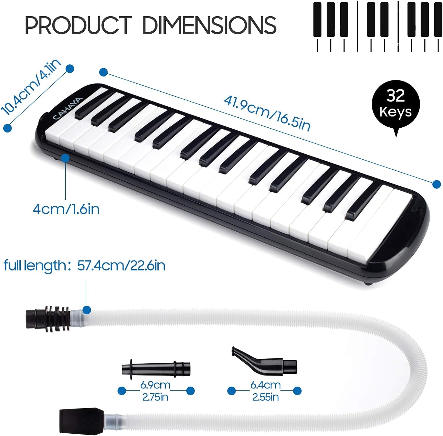 Melodica 32 Keys Double Tubes Mouthpiece Air Piano Keyboard Musical Instrument with Carrying Bag 32 Keys, Black, CY0050-1