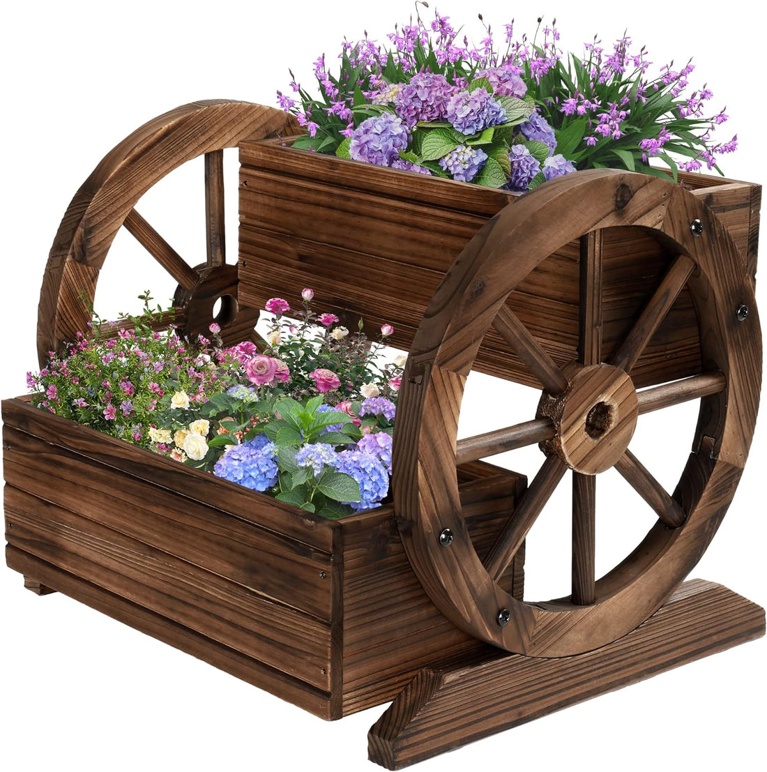 Wooden Wagon Planter Box, Garden Planter with Wheels,Decorative Planter for Flowers Herbs Vegetables for Indoor &amp; Outdoor Décor, Flower Cart for Patio Garden Balcony