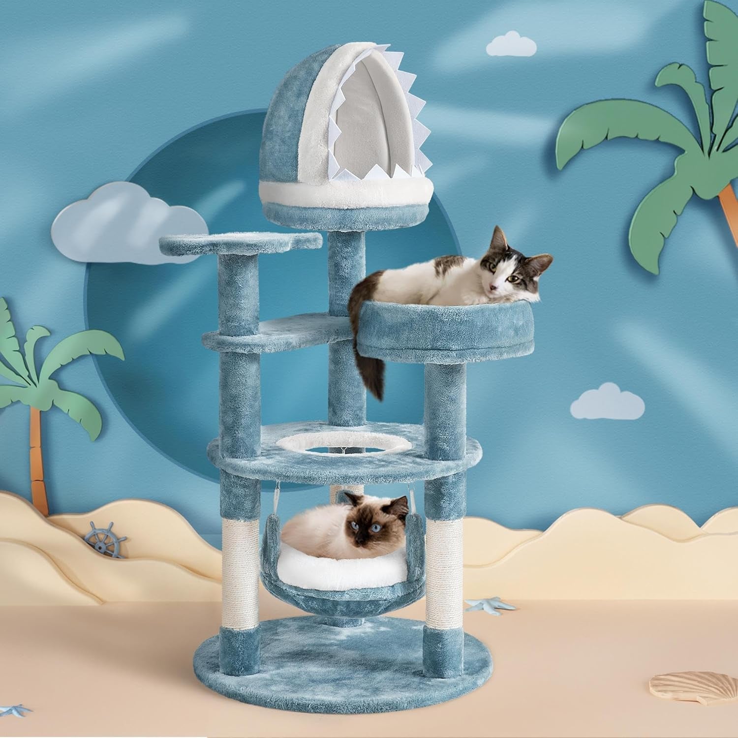 45.5In Ocean-Themed Cat Tree Multi-Level Cat Tower, Plush Cat Furniture with Shark&