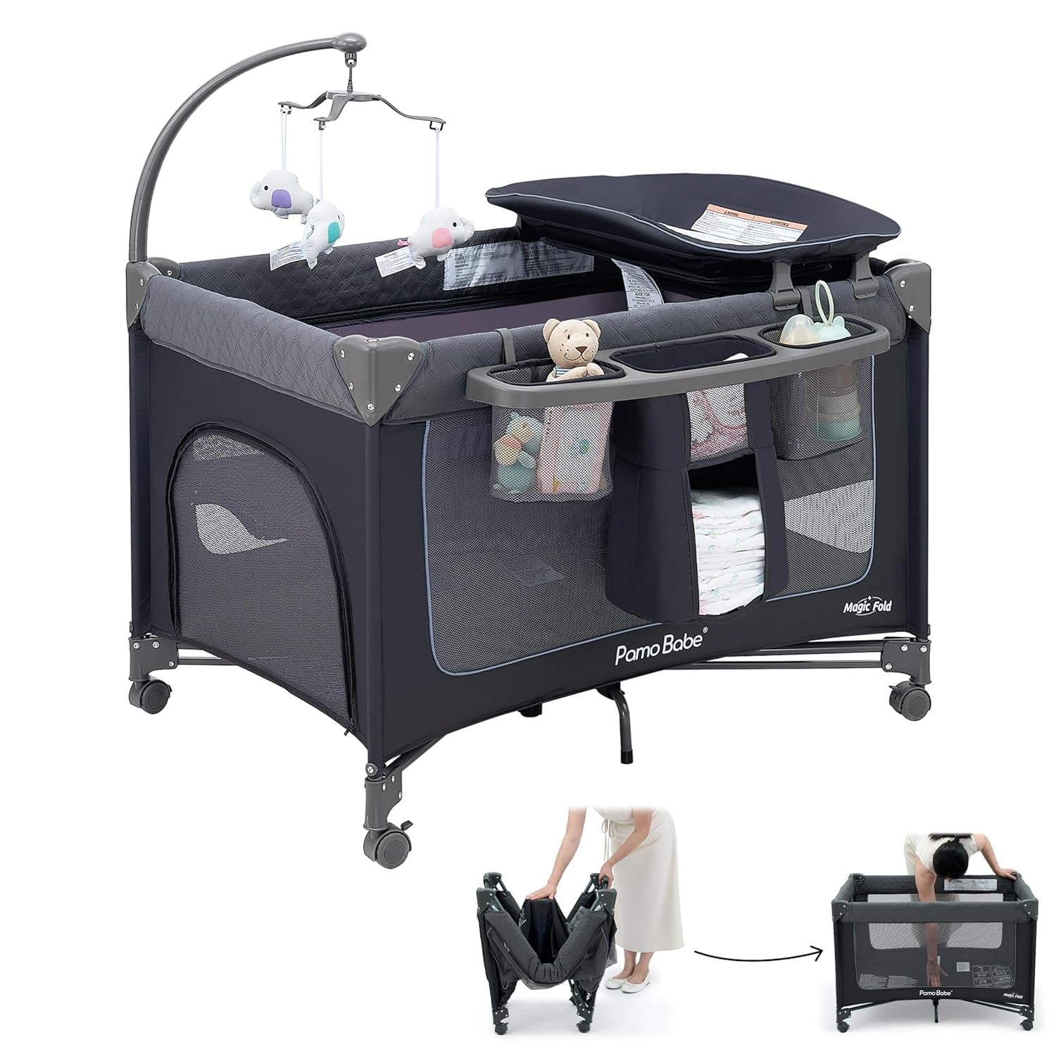 3-In-1 Baby Playard, Basic Magic Fold Nursery Center with Bassinet &amp; Zip Door &amp; Changing Table, One Second to Set Play Yard