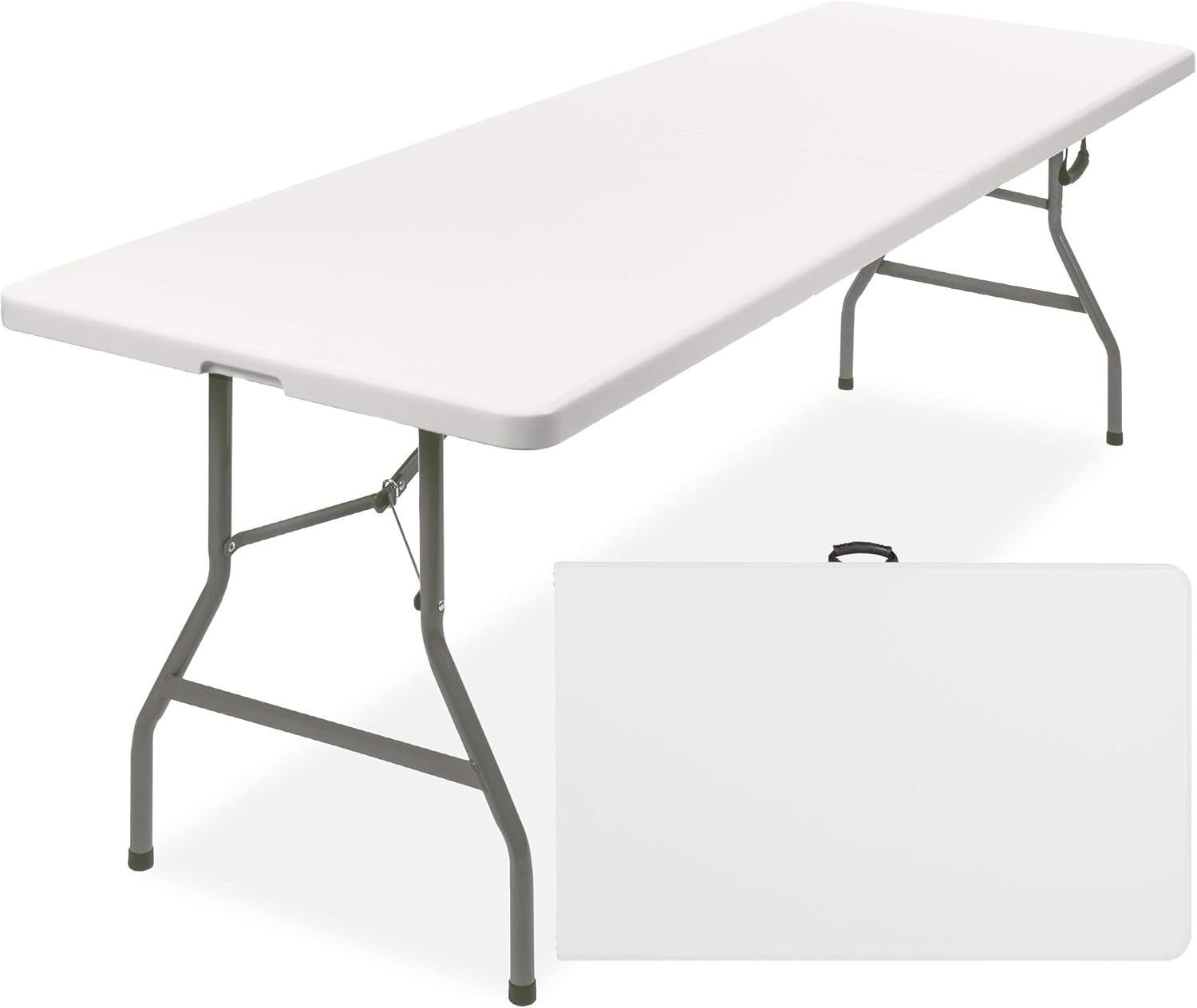 8Ft Plastic Folding Table, Indoor Outdoor Heavy Duty Portable W/Handle, Lock for Picnic, Party, Pong, Camping - White