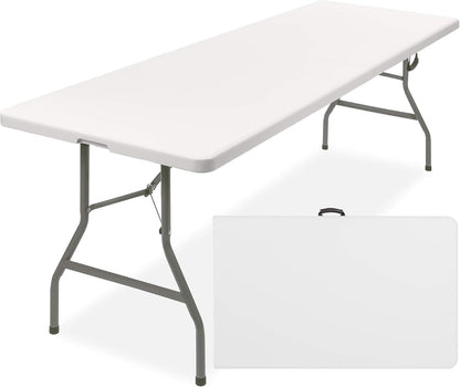 8Ft Plastic Folding Table, Indoor Outdoor Heavy Duty Portable W/Handle, Lock for Picnic, Party, Pong, Camping - White