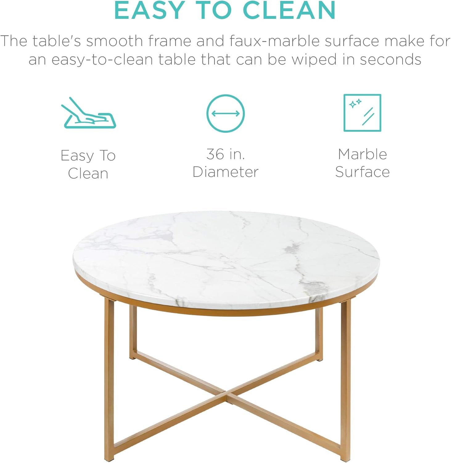 36In Faux Marble Accent Table, Modern End Table, Large Coffee Table Home Decor for Living Room, Dining Room, Tea, Coffee W/Metal Frame, Foot Caps, Designer - White/Gold