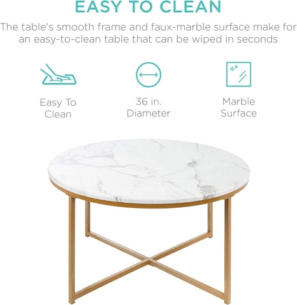 36In Faux Marble Accent Table, Modern End Table, Large Coffee Table Home Decor for Living Room, Dining Room, Tea, Coffee W/Metal Frame, Foot Caps, Designer - White/Gold