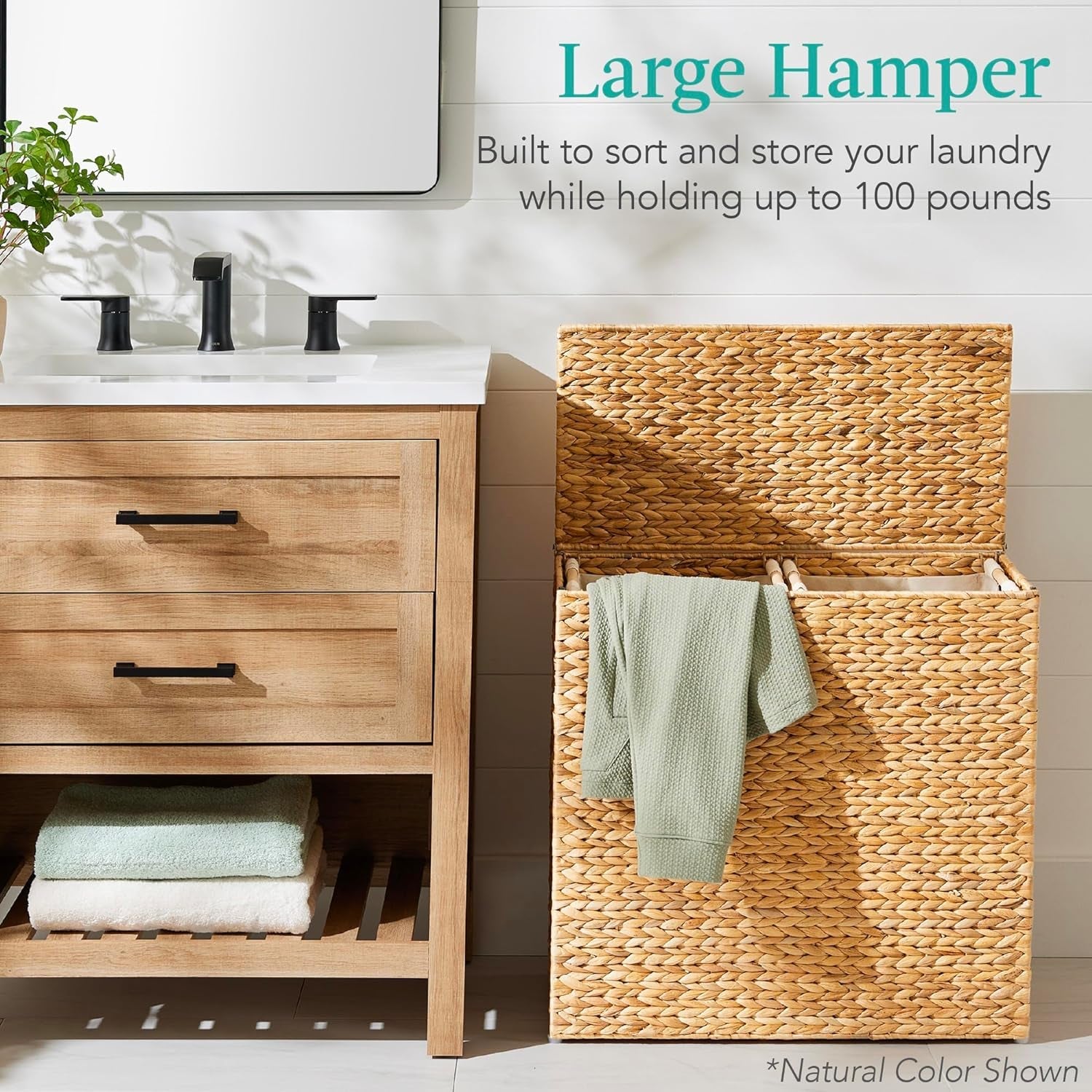 Large Double Laundry Hamper with Lid, Natural Handwoven Water Hyacinth, 2 Sections W/ 2 Machine Washable Linen Liner Bags, Portable, Handles - White