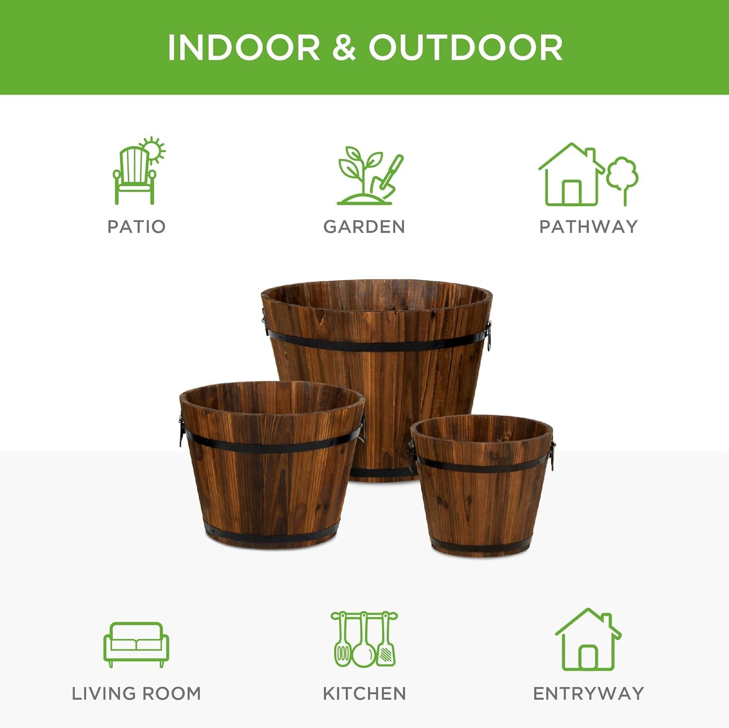 Set of 3 Wooden Bucket Barrel Garden Planters Set Rustic Decorative Flower Beds for Plants, Herbs, Veggies W/Drainage Holes, Multiple Sizes, Indoor Outdoor Use