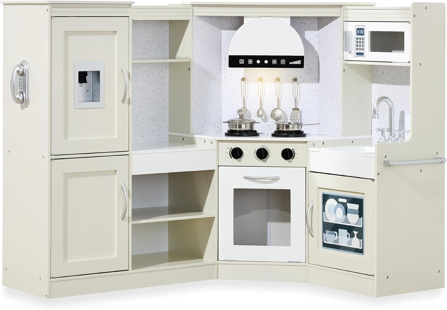 Pretend Play Corner Kitchen, Ultimate Interactive Wooden Kids Playset W/Lights &amp; Sounds, Ice Maker, Hood - Farmhouse White