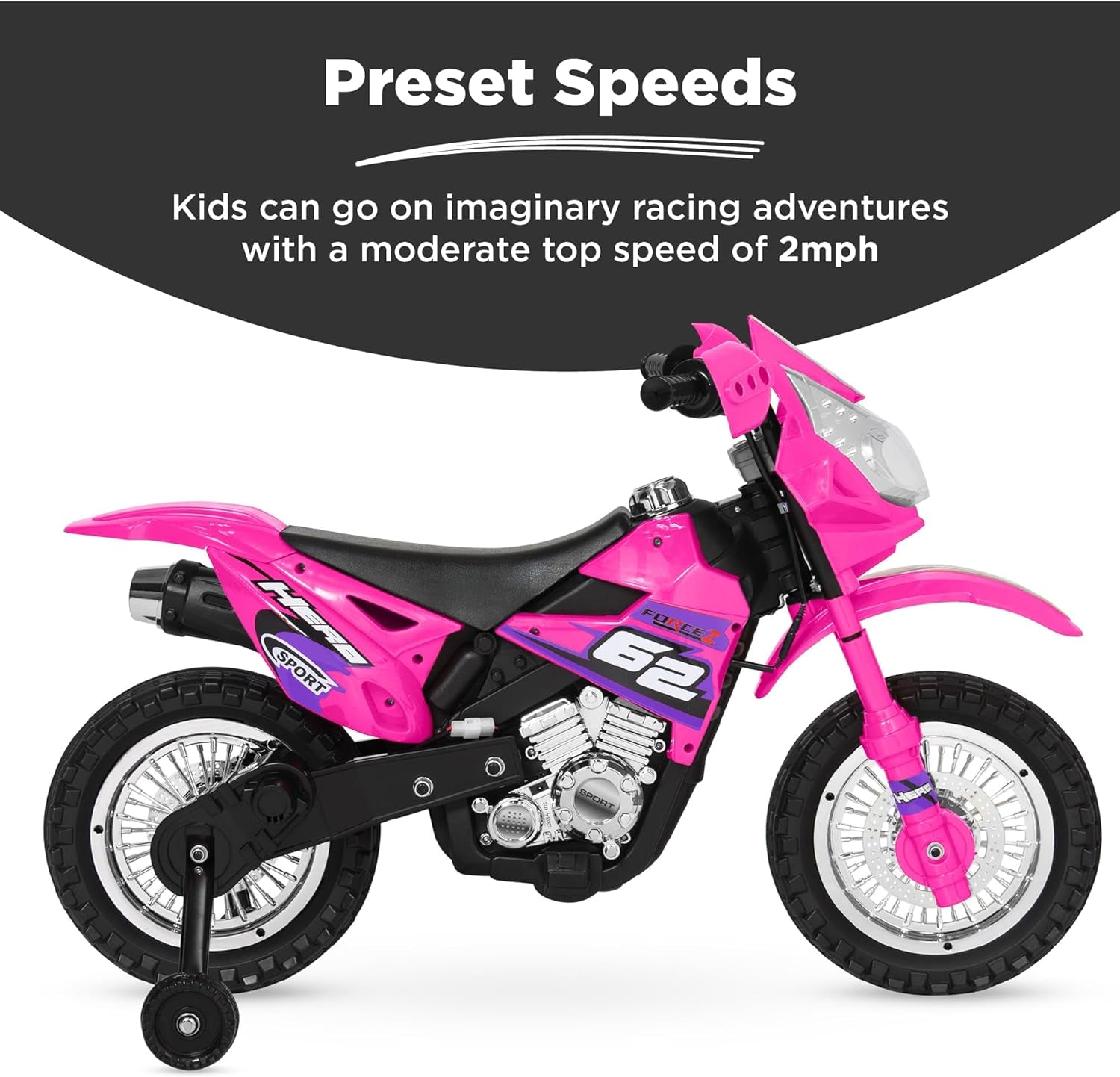 Kids 6V Ride on Motorcycle W/Treaded Tires, Working Headlights, 2Mph Top Speed, Training Wheels, Realistic Sounds, Music, Battery Charger - Hot Pink