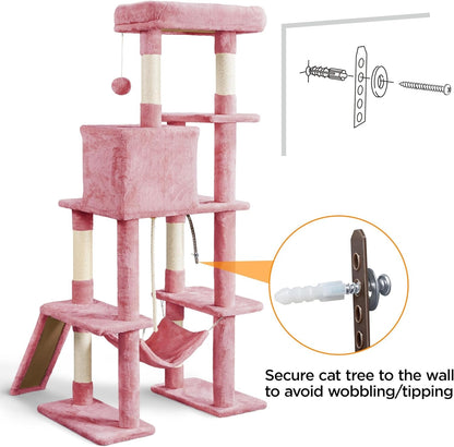 Cat Tree Cat Tower, 63In Multi-Level Cat Tree for Indoor Cats, Tall Cat Tree W/Sisal-Covered Scratching Posts &amp; Condo, Cat Furniture Activity Center for Cats Kitten, Pink