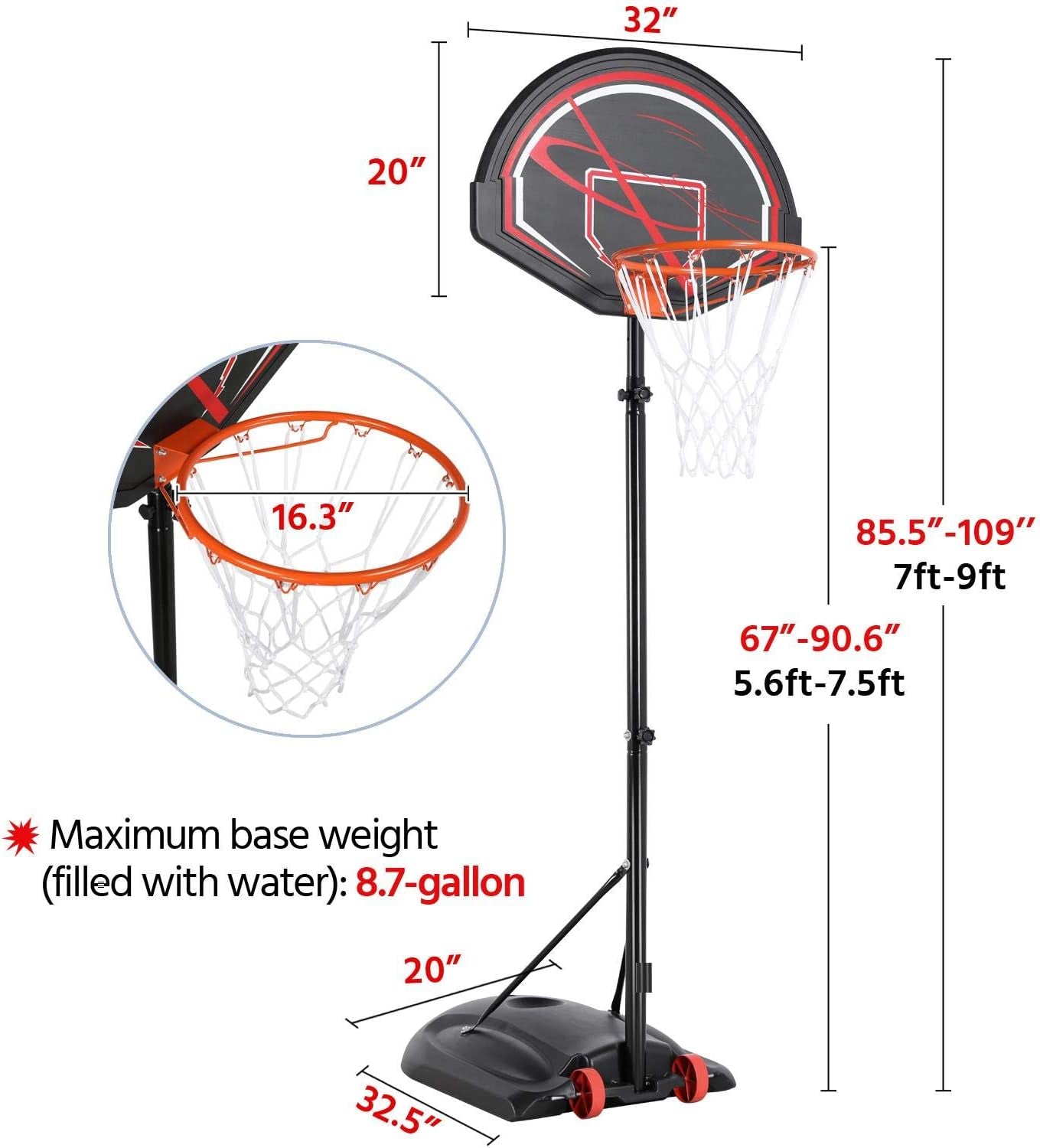 Kids Basketball Hoop Basketball Goals Outdoor Basket Ball Hoop for Kids 7-9Ft Height Adjustable Basketball Court with 32&