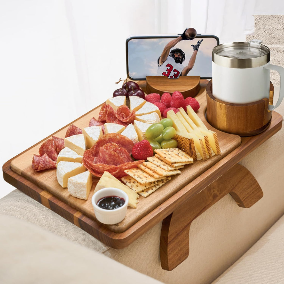 Couch Arm Table 4 in 1, Wooden Sofa Arm Tray, Stable Sofa Arm Table with 360° Rotatable Phone Holder/Cup Holder/Cheese Board, Folding Anti-Slip Couch Arm Tray for Eating/Drinks/Snacks/Remote