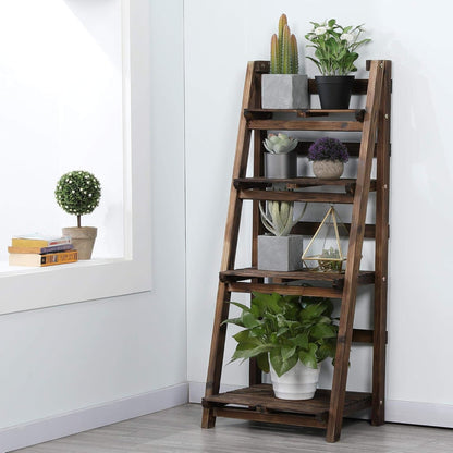 Wooden Foldable Ladder Shelf 4-Tier Magazine Holder Book Rack Plant Stand Folding Flower Display Pot Decorative Storage Free Standing Indoors/Outdoors Rustic No Assembly Required Brown