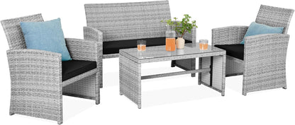 4-Piece Outdoor Wicker Patio Conversation Furniture Set for Backyard W/Coffee Table, Seat Cushions - Gray/Navy