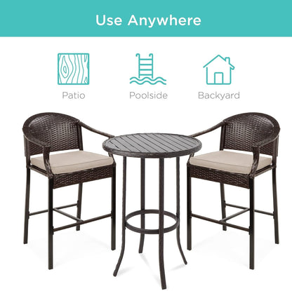 3-Piece Patio Bar Table Set, Outdoor Wicker Bar Height Bistro Furniture for Backyard, Poolside, Balcony W/Barstools, Cushions, Steel Frame – Brown/Beige