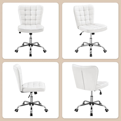 Armless Desk Chair Modern Tufted Office Chair Faux Leather Upholstered Computer Chair with Adjustable Seat Height and Rolling Wheels for Home/Office, White