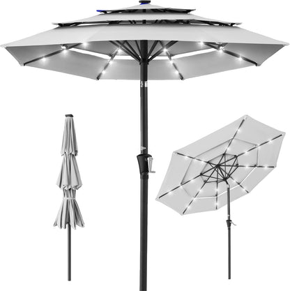 10Ft 3-Tier Solar Patio Umbrella, Outdoor Market Sun Shade for Backyard, Deck, Poolside W/ 24 LED Lights, Tilt Adjustment, Easy Crank, 8 Ribs - Tan