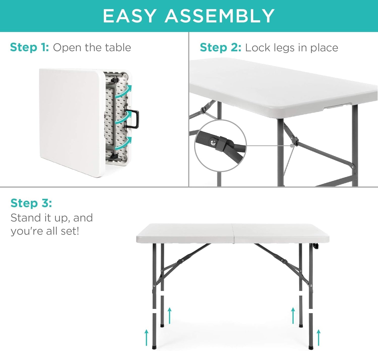 4Ft Plastic Folding Table, Indoor Outdoor Heavy Duty Portable W/Handle, Lock for Picnic, Party, Camping - White