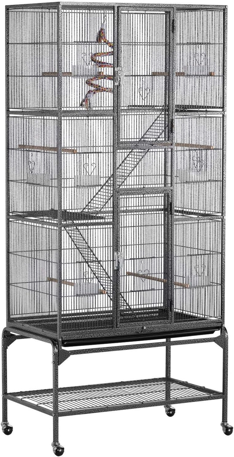 69-Inch Extra Large Wrought Iron 3 Levels Ferret Chinchilla Sugar Glider Squirrel Small Animal Cage with Cross Shelves and Ladders, Black