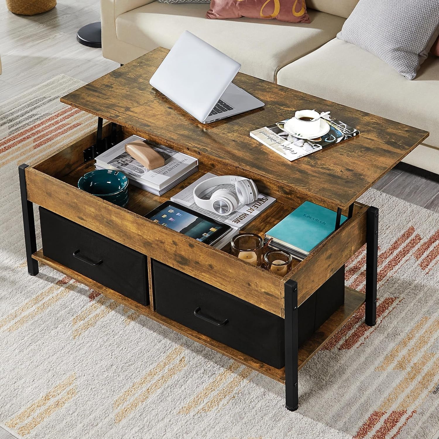 Lift Top Coffee Table with Storage and 2 Fabric Baskets, 41.5 Inch Wooden Raisable Top Coffee Table for Living Room &amp; Office, Rustic Brown