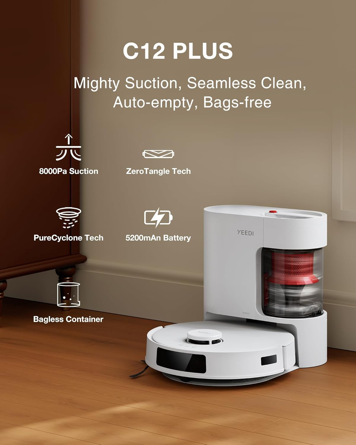 C12 plus Robot Vacuum and Mop, 8000Pa Strong Suction, 7-Week Dust Storage, Bagless Dust Bin, Purecyclone Tech, Zerotangle Brush, White