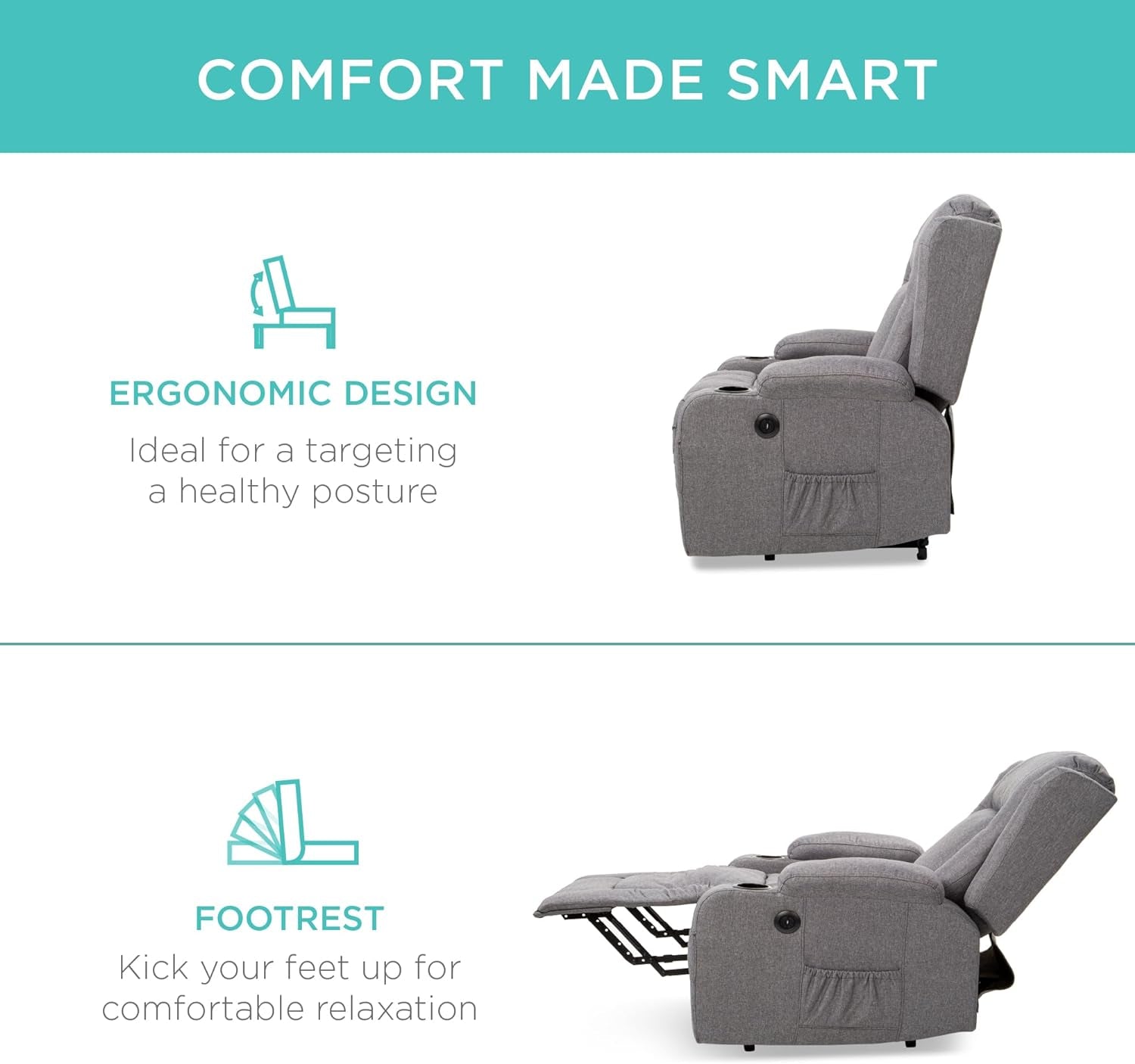 Modern Linen Electric Power Lift Chair, Recliner Massage Chair, Adjustable Furniture for Back, Legs W/ 3 Positions, USB Port, Heat, Cupholders, Easy-To-Reach Button - Gray