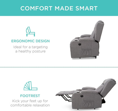 Modern Linen Electric Power Lift Chair, Recliner Massage Chair, Adjustable Furniture for Back, Legs W/ 3 Positions, USB Port, Heat, Cupholders, Easy-To-Reach Button - Gray