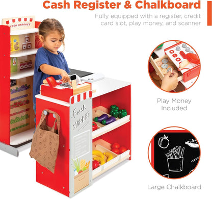 Pretend Play Grocery Store Wooden Supermarket Toy Set for Kids W/Play Food, Chalkboard, Cash Register, Working Conveyor - Red