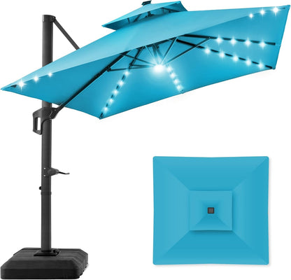 10X10Ft 2-Tier Square Cantilever Patio Umbrella with Solar LED Lights, Offset Hanging Outdoor Sun Shade for Backyard W/Included Fillable Base, 360 Rotation - Burgundy