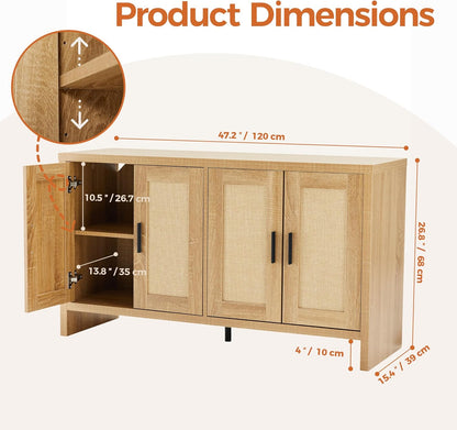 Rattan Buffet Cabinet with Storage, Sideboard Cabinet with Doors and Adjustable Shelves, Farmhouse Coffee Bar Station Table, Modern Wood Cupboard for Kitchen, Livingroom and Dining Room