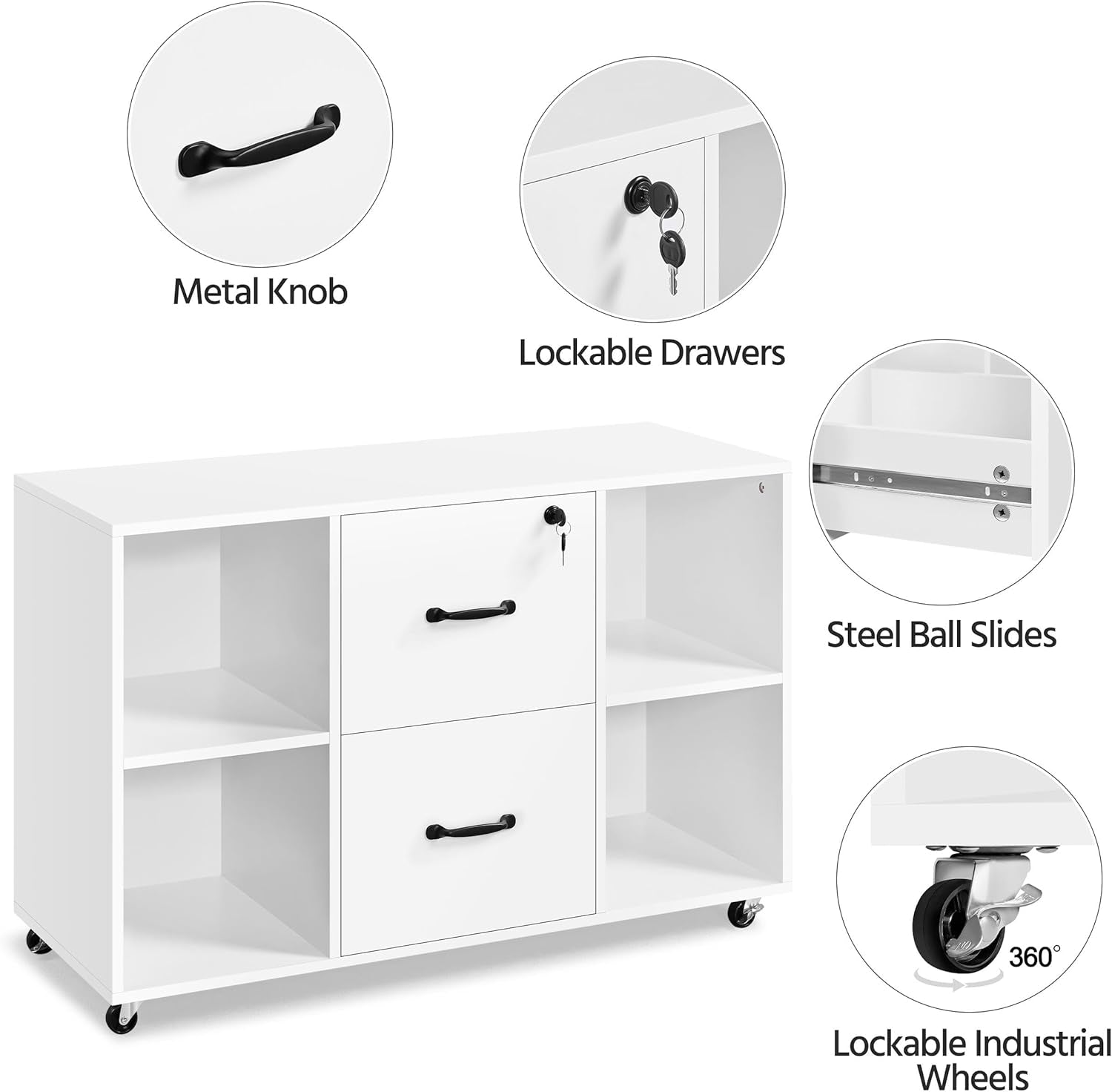 White File Cabinet Mobile Letter Size File Cabinet with 2 Drawers and 4 Open Storage Shelves Large Mobile Lateral Filing Cabinet Printer Stand for Home and Office