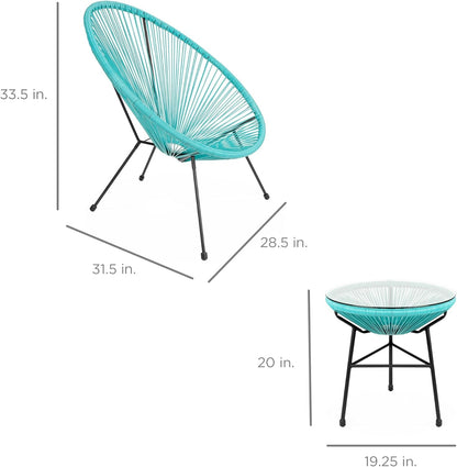 3-Piece Outdoor Acapulco All-Weather Patio Conversation Bistro Set W/Plastic Rope, Glass Top Table and 2 Chairs - Light Blue