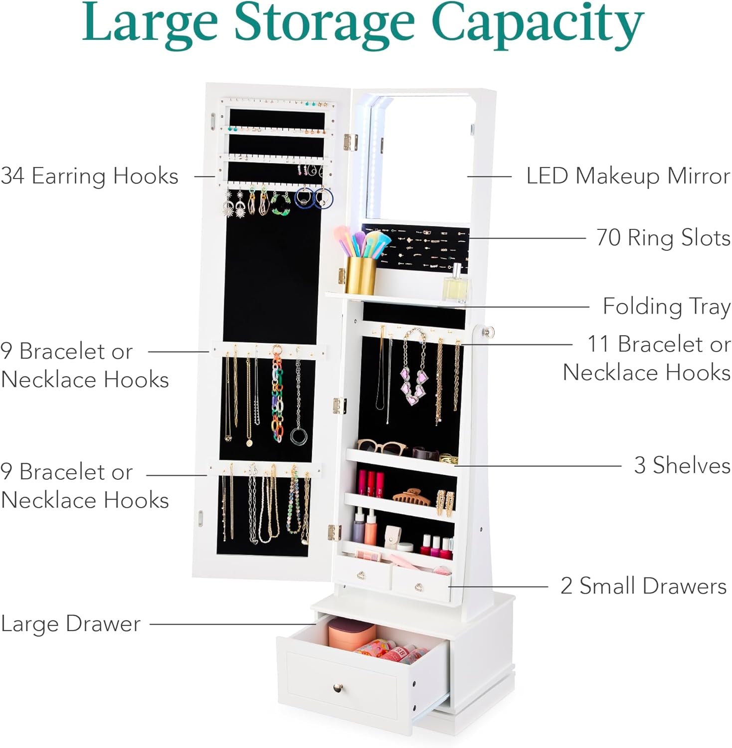 360 Swivel Mirrored Jewelry Cabinet, Standing Armoire, Makeup Storage Organizer, W/Led-Lit Mirror, 3 Shelves - White