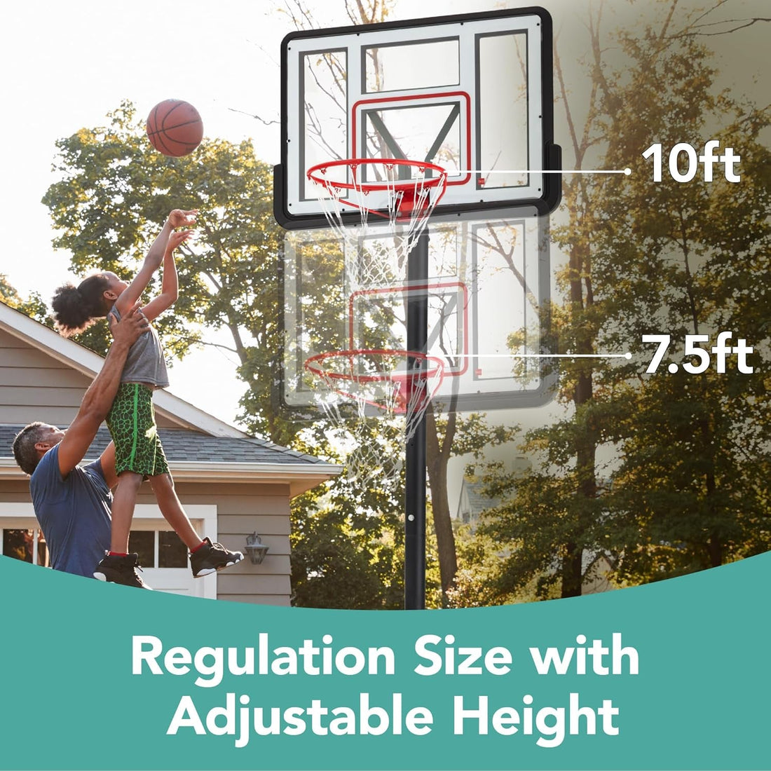 10Ft Regulation Basketball Hoop, 7.5-10Ft Height Adjustable Outdoor Goal W/Shock Absorbent Rim, Base Gel, 2 Wheels