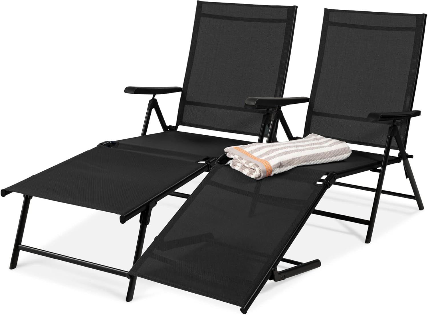 Set of 2 Outdoor Patio Chaise Lounge Chair Adjustable Reclining Folding Pool Lounger for Poolside, Deck, Backyard W/Steel Frame, 250Lb Weight Capacity - Brown